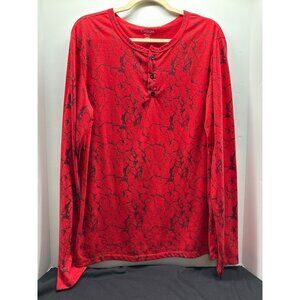 Mens Carbon Red & Black Marble Print Long Sleeve Henley Shirt Size L